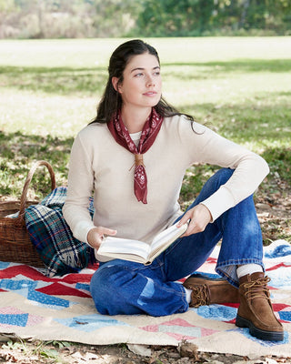 woman in long sleeve waffle tee