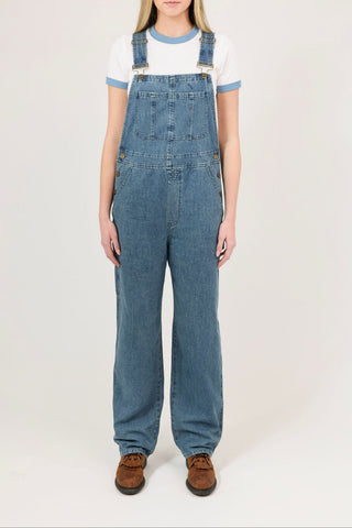 Person wearing blue denim overalls on a plain background
