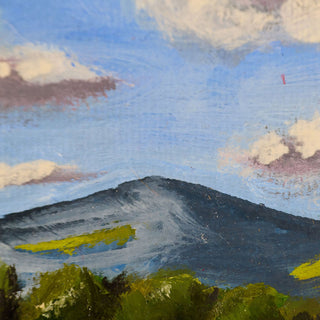 Painting of a mountain landscape with trees and a blue sky with clouds.