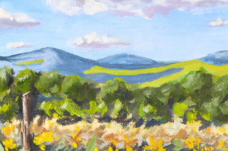 Painting of a landscape with trees, mountains, and blue sky.
