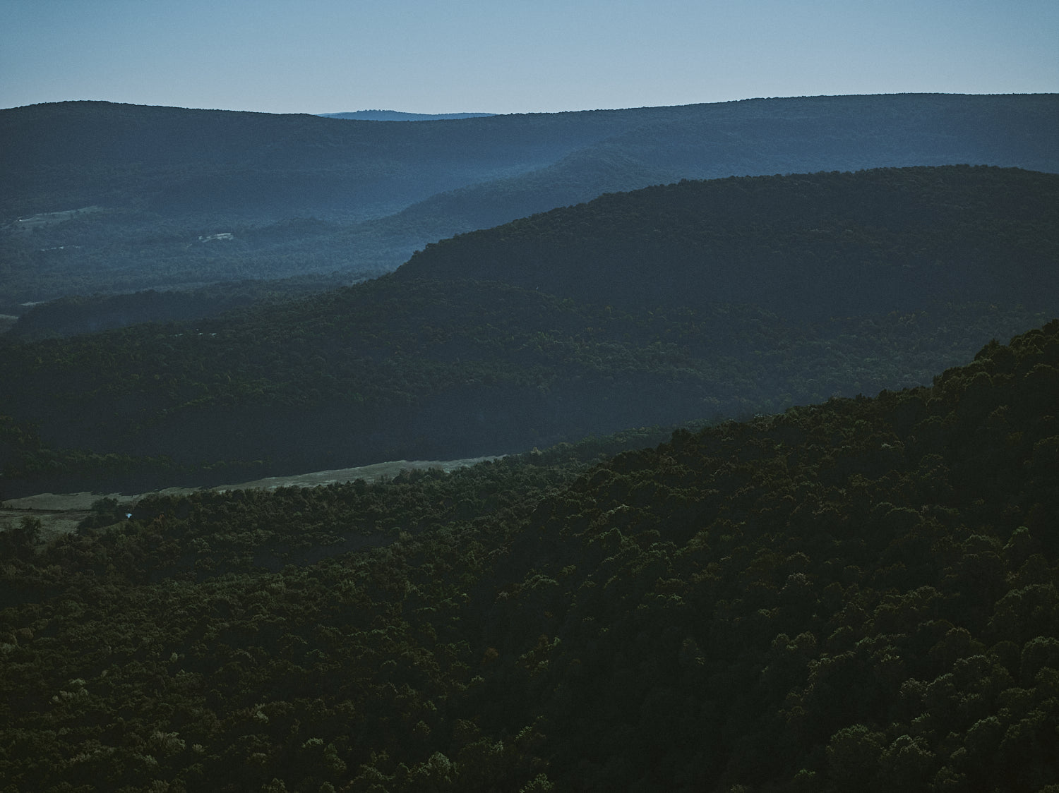 Hazy mountain landscape with trees and a clear blue sky