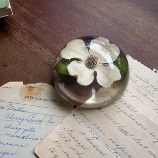 A round clear resin keepsake or decorative object containing a white flower with green leaves, placed on top of vintage handwritten letters on a wooden table.