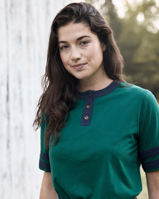 woman in green shirt